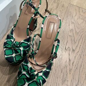 Green and Black High Heels with Open Toe Design and Adjustable Ankle Strap